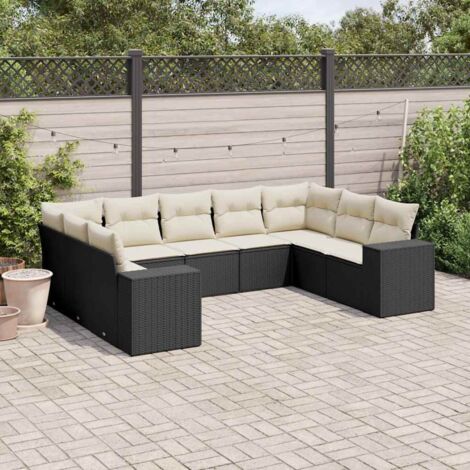 Ensemble Salon Jardin 9 Places Résine Tressée Noir avec Coussins Crème - Mobilier Extérieur Modulaire avec Rangement (1/3)