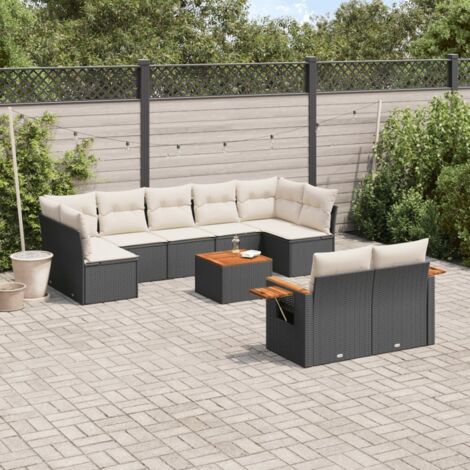 Ensemble Salon Jardin 10 Places Résine Tressée Noir avec Coussins Crème - Meuble Extérieur Modulaire avec Rangement et Table Acacia (1/3)