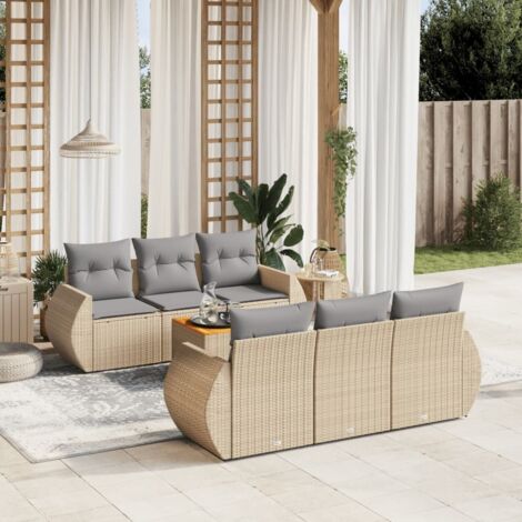 Salon de jardin 7 pièces en résine tressée beige avec coussins gris – table acacia, sièges modulaires, charge 110 kg (1/5)