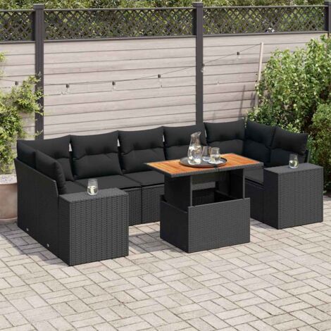 Salon de Jardin 8 Places en Résine Tressée Noir avec Table Réglable et Coussins Lavables - Ensemble Modulaire avec Rangement Intégré (1/5)