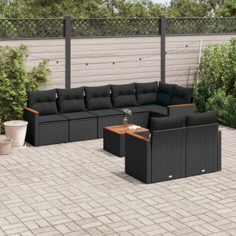 Ensemble de Jardin 9 Places Noir Résine Tressée avec Table Acacia et Coussins Lavables (1/5)