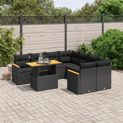 Ensemble Salon Jardin 9 Places Noir Résine Tressée - Canapé d'Angle Modulable avec Table Réglable et Coussins Lavables (1/3)