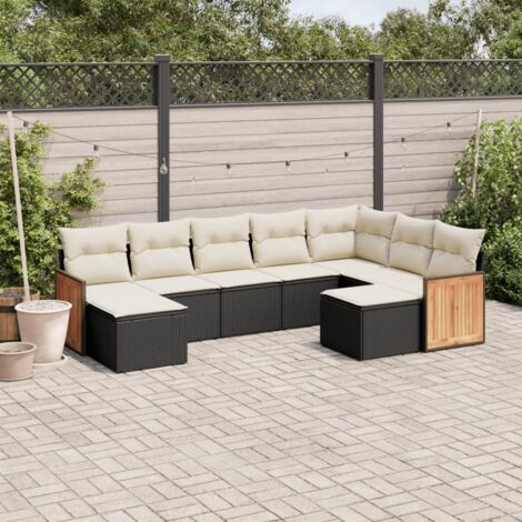 Ensemble Salon Jardin 9 Places Résine Tressée Noir avec Coussins Crème - Meuble Extérieur Modulaire (1/5)
