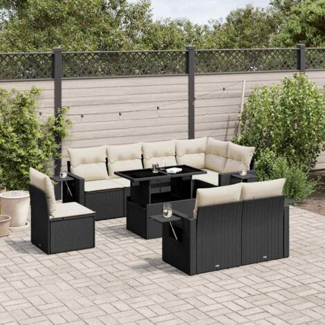 Ensemble Salon Jardin 9 Places Noir Résine Tressée avec Table Réglable et Coussins Crème (1/5)