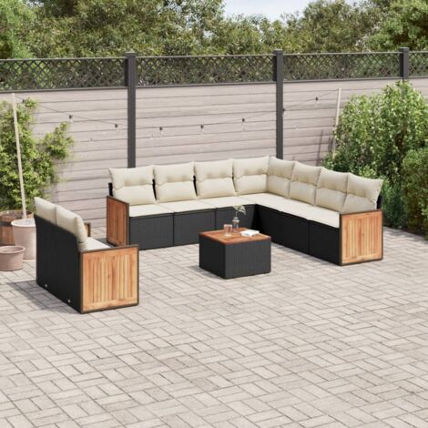 Ensemble Jardin 10 Places Résine Tressée Noir avec Coussins Crème - Salon Extérieur Modulaire avec Rangement et Table Acacia (1/3)
