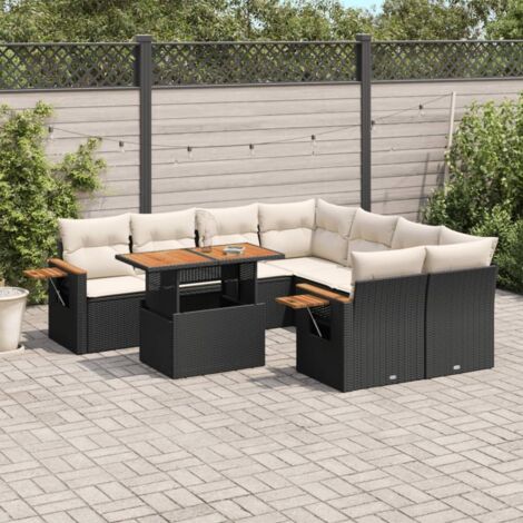 Ensemble de jardin 9 places en résine tressée noire avec coussins crème - Salon d'extérieur modulaire avec table réglable et repose-bras intégrés (1/3)