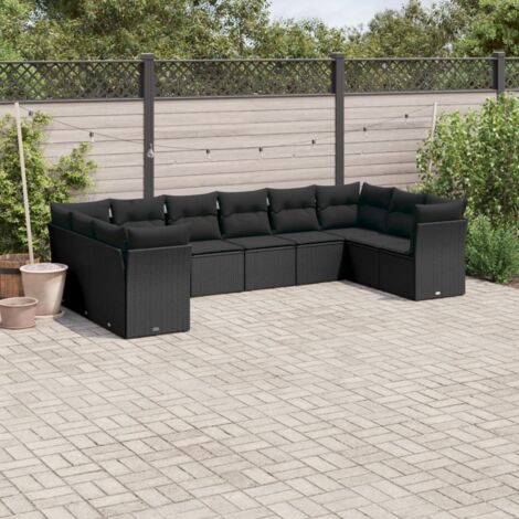 Ensemble Salon Jardin 10 Places Noir Résine Tressée avec Coussins - 4 Sièges d'Angle + 6 Centraux Stockage Intégré (1/3)