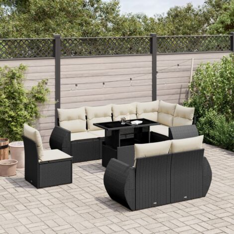 Ensemble de jardin 9 places en résine tressée noir avec table extensible et coussins crème - Mobilier extérieur modulaire (1/5)