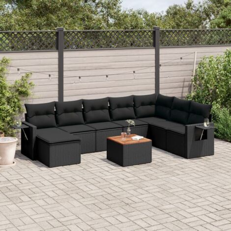 Ensemble Salon Jardin 9 Places Noir Résine Tressée avec Table Acacia et Coussins Lavables - Canapé d'Angle Modulaire (1/5)