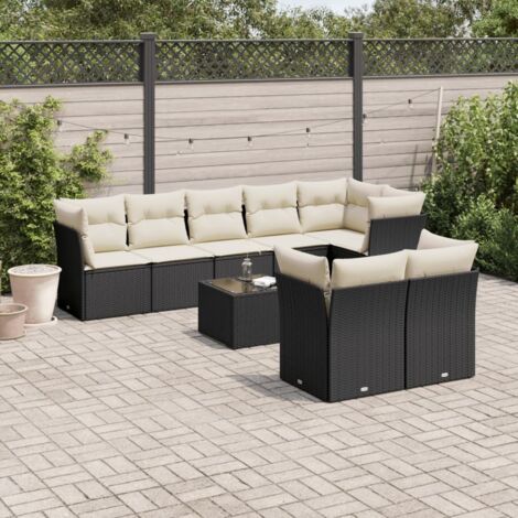 Ensemble Salon Jardin 9 Places Noir Résine Tressée avec Coussins Crème - Table Verre Trempé, Sièges Modularies avec Rangement Intégré (1/3)