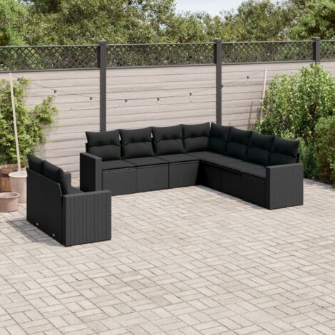 Canapé d'angle jardin 9 places résine tressée noir avec coussins - Ensemble salon extérieur modulaire (1/3)