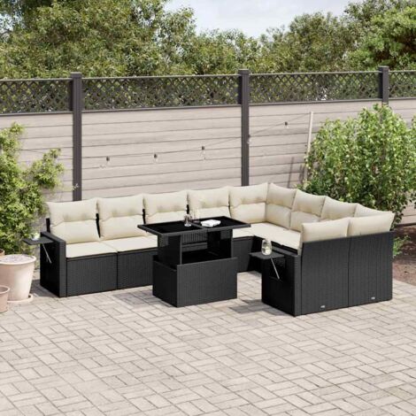 Ensemble Salon Jardin 10 Places Noir Résine Tressée avec Coussins Crème - Table Réglable et Mobilier d'Extérieur Modulaire (1/5)