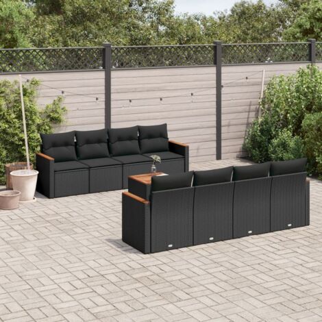 Ensemble Salon Jardin 9 Places Noir Résine Tressée - 4 Fauteuils + 4 Canapés + 1 Table Acacia avec Coussins Lavables (1/5)