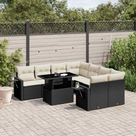 Ensemble Salon Jardin 9 Places Noir Résine Tressée avec Coussins Crème - Table Réglable Hauteur et Mobilier Modulaire Extérieur (1/5)