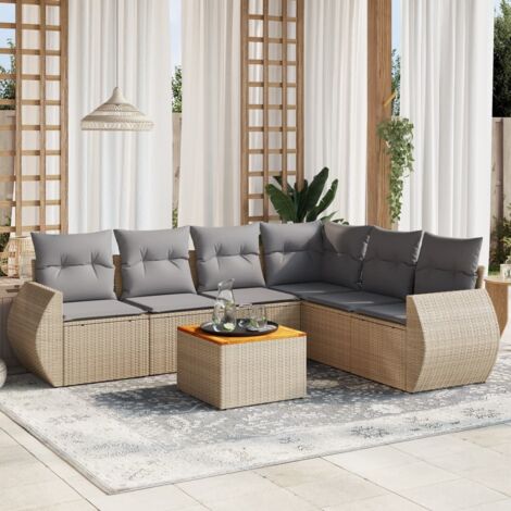 Canapé de jardin 7 pièces en résine tressée beige avec coussins gris – modulable, UV résistant, acacia massif (1/5)