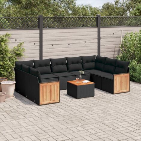 Ensemble salon jardin 10 places résine tressée noir avec coussins - Table acacia, rangement intégré, design modulaire (1/3)