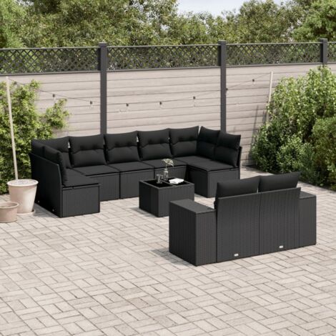 Ensemble jardin 10 places résine tressée noir avec table verre trempé et rangement intégré - Salon extérieur modulaire avec coussins lavables (1/3)
