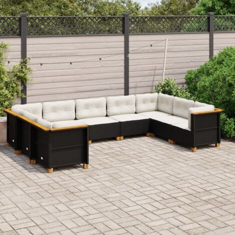 Ensemble de jardin 9 places en résine tressée noire avec coussins - Salon d'extérieur modulaire 9 pièces avec coussins crème - Meuble terrasse rotin synthétique (1/5)