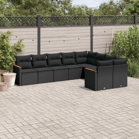 Ensemble de jardin 9 places noir résine tressée avec coussins - Salon modulaire canapés d'angle et central acier enduit poudre (1/5)
