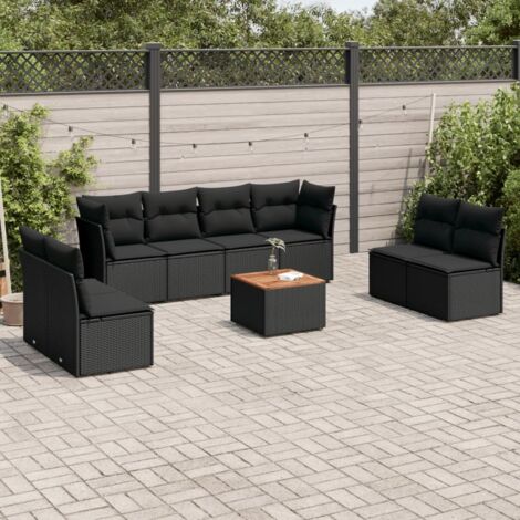 Ensemble Salon Jardin 9 Places Noir Résine Tressée - Canapé d'Angle et Central avec Table Acacia et Coussins Détachables (1/3)