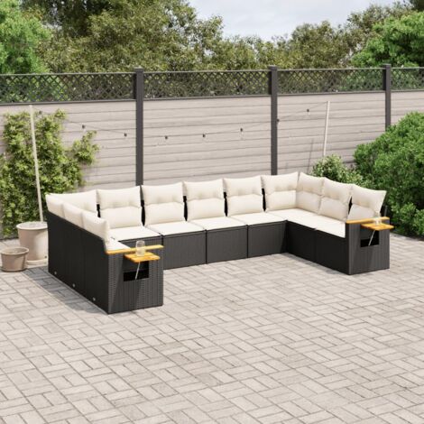 Ensemble salon jardin 10 places résine tressée noir avec coussins crème - Meuble extérieur modulaire avec table d'appoint (1/5)