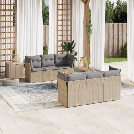 Canapé de jardin 7 pièces en résine tressée beige avec coussins gris – Table acacia, siège modulaire, charge 110 kg (1/3)