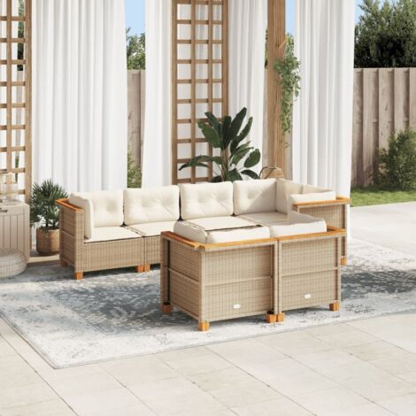 Canapé d'angle de jardin 7 pièces en résine tressée beige avec coussins amovibles et lavables, acacia massif (1/5)