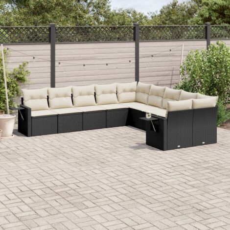 Ensemble Salon Jardin 10 Places Noir Résine Tressée avec Coussins Crème - Meuble Extérieur Modulaire avec Rangement et Table (1/3)