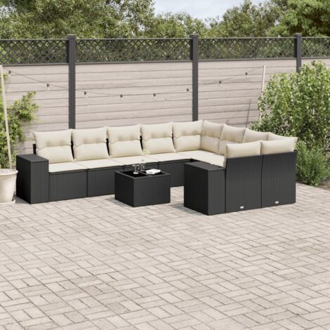 Ensemble Salon Jardin 10 Places Résine Tressée Noir avec Coussins Crème - Table Verre Trempé, Modulaire, Housses Lavables (1/5)