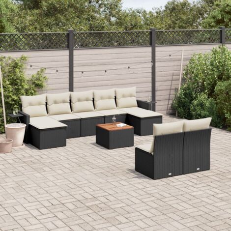 Salon de Jardin 10 Pièces Noir Résine Tressée - Ensemble Canapé avec Table Acacia et Coussins Crème - Meuble Extérieur Modulaire (1/5)