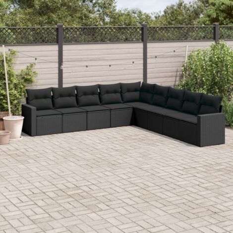 Ensemble Jardin 9 Places Résine Tressée Noir avec Coussins - Mobilier Extérieur Modulaire avec Rangement (1/3)