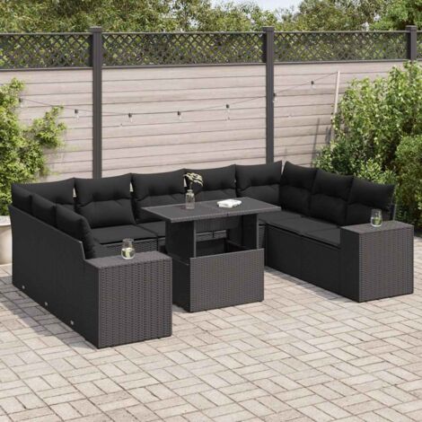 Ensemble Jardin 10 Places Résine Tressée Noir avec Table Verre Trempé et Coussins Amovibles - Salon Extérieur Modulaire avec Rangement (1/5)