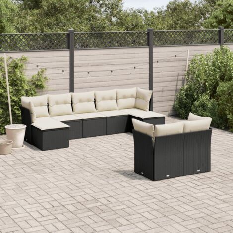 Ensemble Salon Jardin 9 Places Résine Tressée Noir avec Coussins Crème - Mobilier Extérieur Modulaire (1/5)
