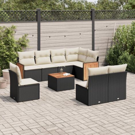 Ensemble Salon Jardin 9 Places Noir Résine Tressée avec Table Acacia et Coussins Crème - Meuble Extérieur Modulaire avec Rangement Intégré (1/3)