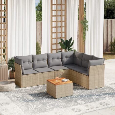 Salon de jardin 7 pièces en résine tressée beige avec coussins gris – canapés modulaires, table en acacia, charge 110 kg (1/3)