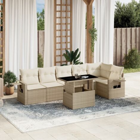 Salon de jardin 7 places en résine tressée beige avec coussins crème, table réglable et design modulaire (1/5)
