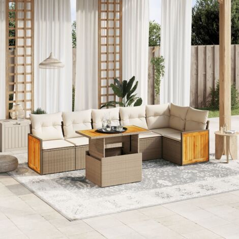 Canapé de jardin 7 pièces en résine tressée beige – Table réglable, coussins amovibles et lavables, design modulaire (1/3)