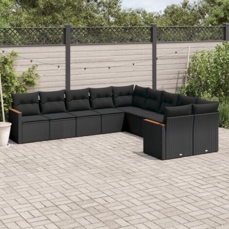 Ensemble Salon Jardin 10 Places Résine Tressée Noir avec Coussins - Mobilier Extérieur Modulaire (1/5)