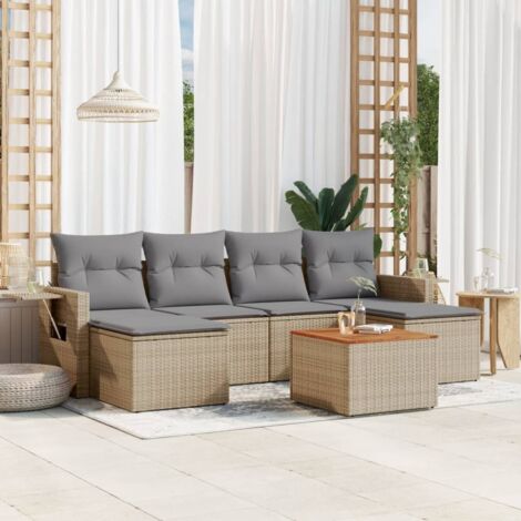 Salon de jardin 7 pièces en résine tressée beige avec coussins amovibles – canapé modulaire, table en acacia & repose-pieds (1/5)