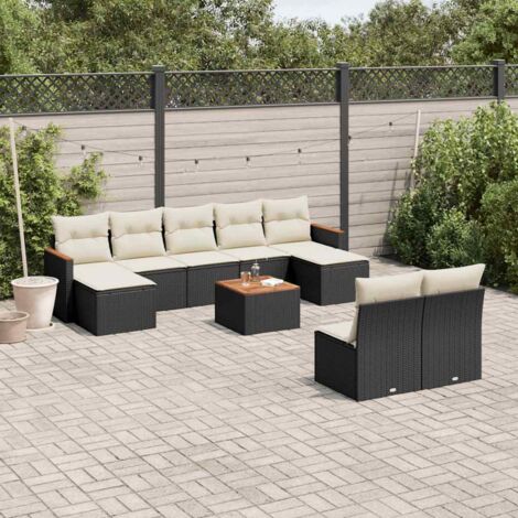 Ensemble de Jardin 10 Pièces Noir Résine Tressée avec Coussins Crème - Salon d'Extérieur Modulaire en Polyrotin avec Table Acacia et Fonction Rangement (1/3)