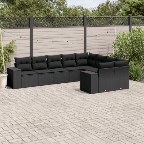 Ensemble Salon Jardin 9 Places Noir Résine Tressée avec Coussins - Meuble Extérieur Modulaire (1/3)