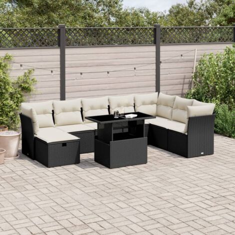 Ensemble Salon Jardin 9 Places Noir Résine Tressée avec Coussins Crème - Table Réglable, Modulaire et Housses Lavables (1/5)