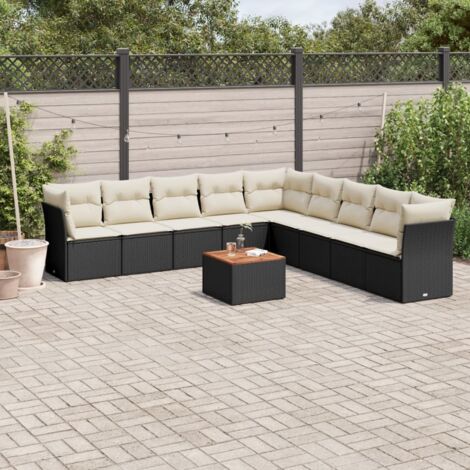 Ensemble Salon Jardin 10 Places Noir Résine Tressée avec Coussins Crème - Table Acacia, Modulaire, Résistant aux UV (1/3)