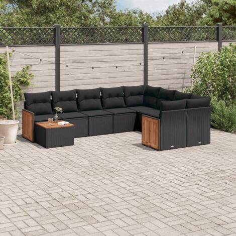 Ensemble Salon Jardin 10 Places Noir Résine Tressée avec Coussins - Canapé d'Angle, Modulaire, Table Acacia (1/5)