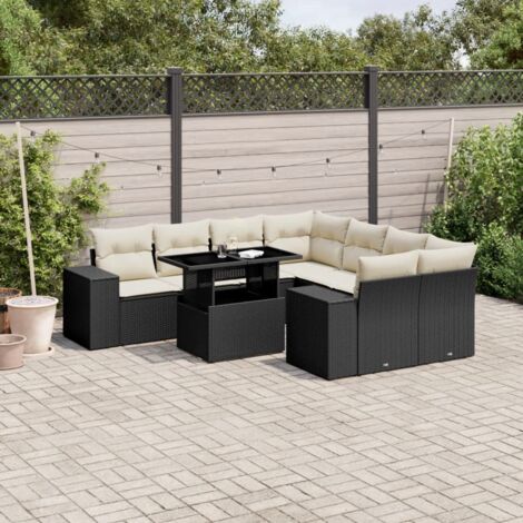 Ensemble de jardin 9 places en résine tressée noire avec coussins - Salon extérieur modulaire avec table réglable et housses lavables (1/5)