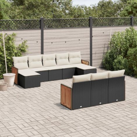 Ensemble jardin 10 places résine tressée noir avec coussins crème - Salon extérieur modulaire (1/5)
