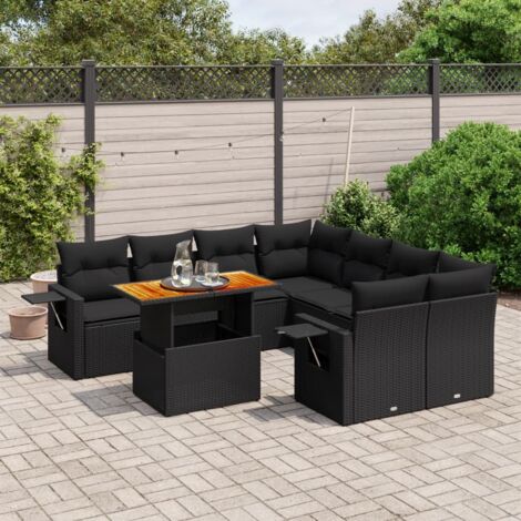 Ensemble Salon Jardin 9 Places Noir Résine Tressée - Canapé d'Angle Modulable avec Table Réglable et Coussins Lavables