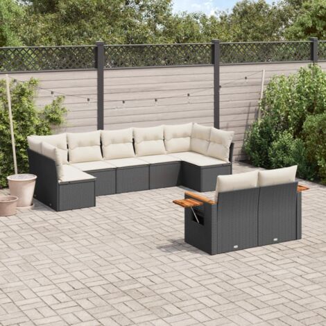 Ensemble Salon Jardin 9 Places Noir Résine Tressée avec Coussins Crème - Canapé d'Angle Modulaire avec Rangement et Table d'Appoint (1/3)