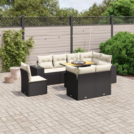 Salon de Jardin 9 Places en Résine Tressée Noire - Ensemble Modulaire avec Table Réglable et Coussins Détachables Crème (1/3)