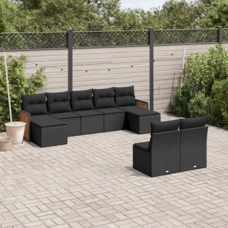 Ensemble Salon Jardin 9 Places Noir Résine Tressée avec Coussins - Meuble Extérieur Modulaire (1/3)